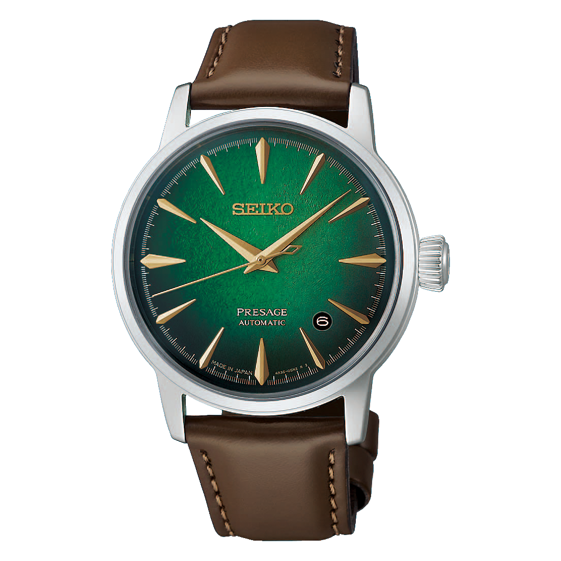 Automatik-Armbanduhr mit grünem Zifferblatt und braunem Lederband, Edelstahlgehäuse
