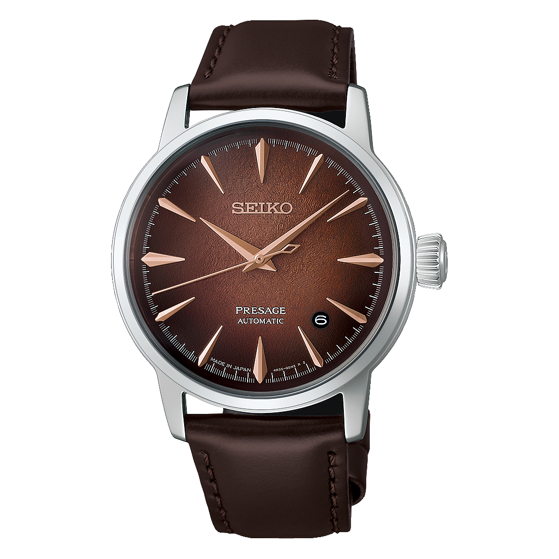 Seiko Presage Automatikuhr mit braunem Zifferblatt, Lederarmband und silbernem Gehäuse