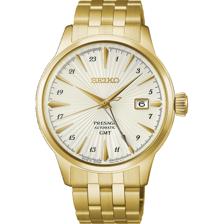 Seiko PRESAGE Herrenarmbanduhr mit goldenem Edelstahlband, rundem Zifferblatt mit GMT/Datum
