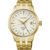 Seiko PRESAGE Herrenarmbanduhr mit goldenem Edelstahlband, rundem Zifferblatt mit GMT/Datum