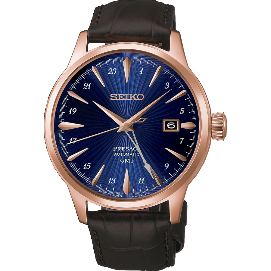 Seiko PRESAGE HCB005J1 Montre Homme Bleue • Mouvement automatique avec GMT • Boîtier Or Rose