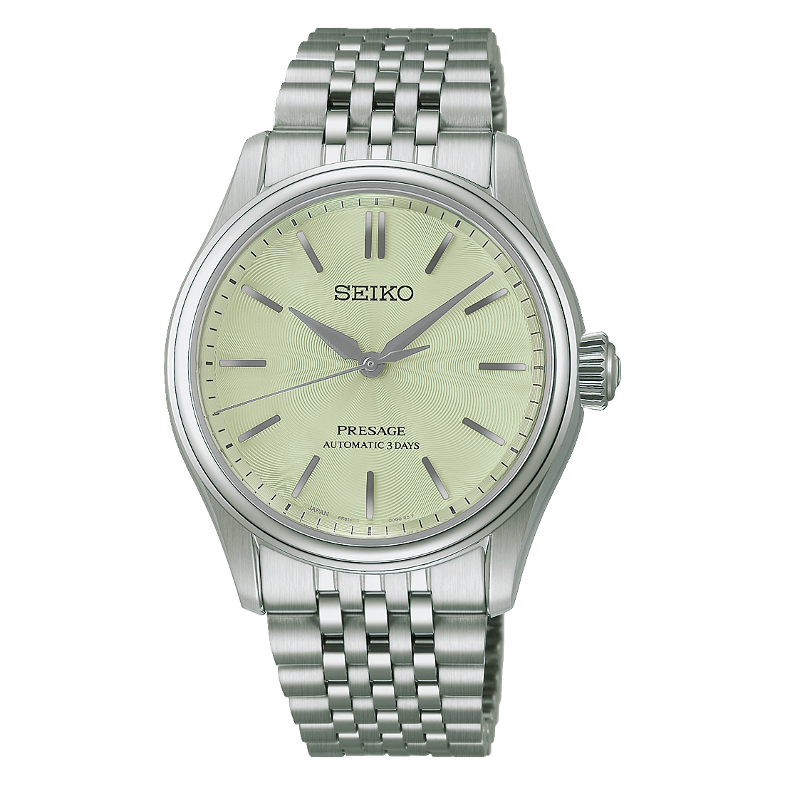 Herrenarmbanduhr SEIKO Presage Automatik mit silbernem Metallarmband und grünem Zifferblatt