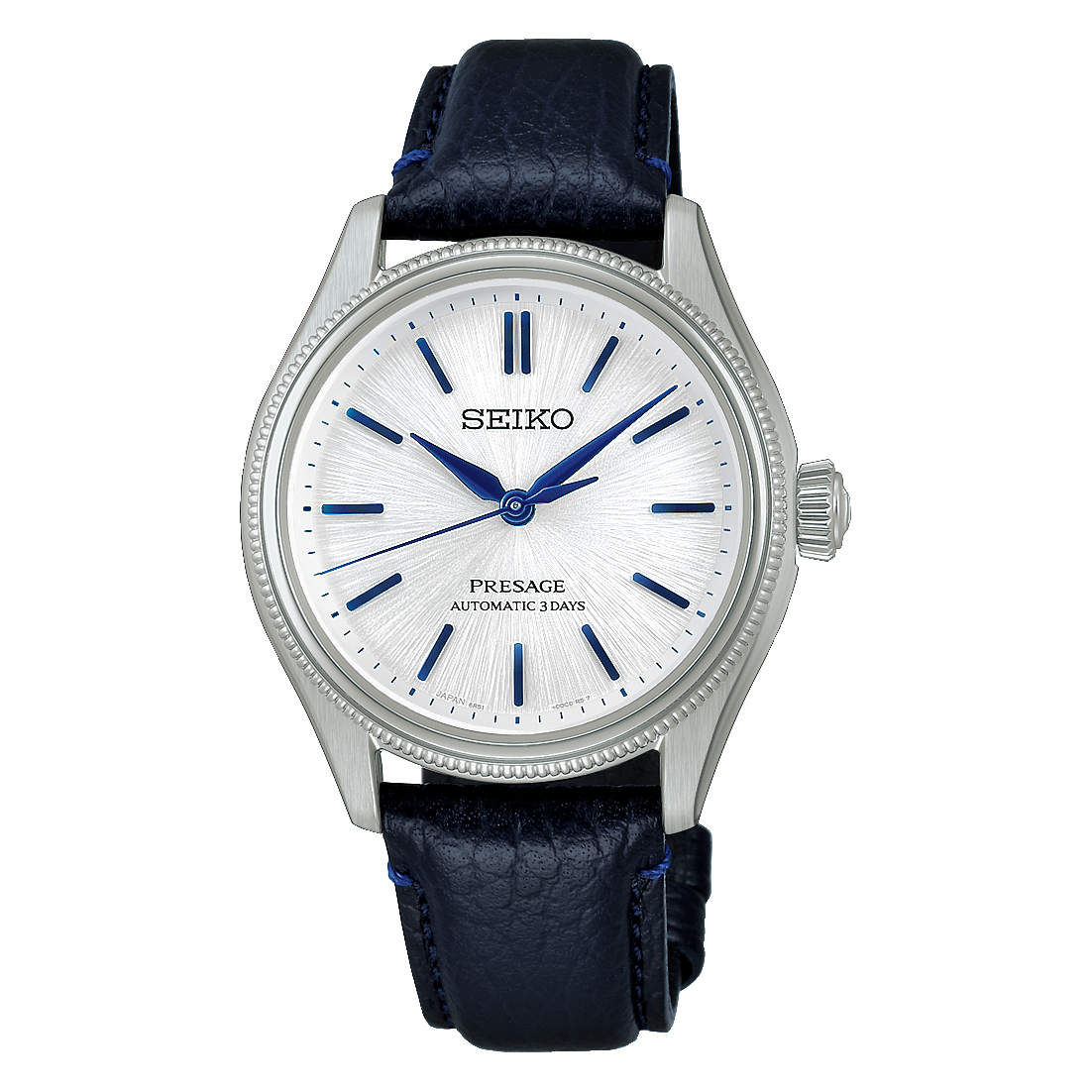 Seiko Presage Automatikuhr mit blauem Lederarmband, rundem Gehäuse und weißem Zifferblatt