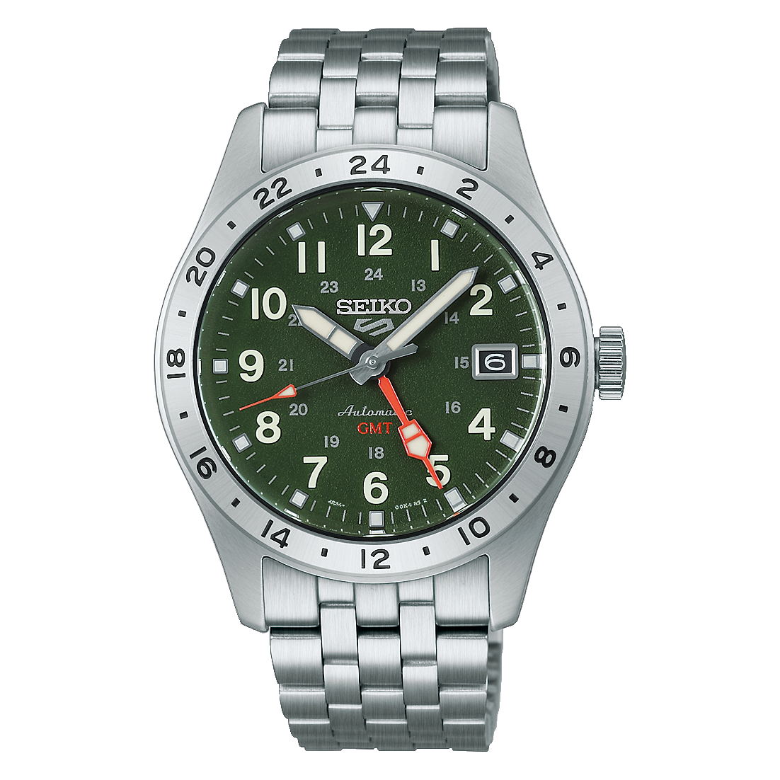 Seiko 5 Sports Herren-Armbanduhr mit grünem Zifferblatt, GMT und Stahlband