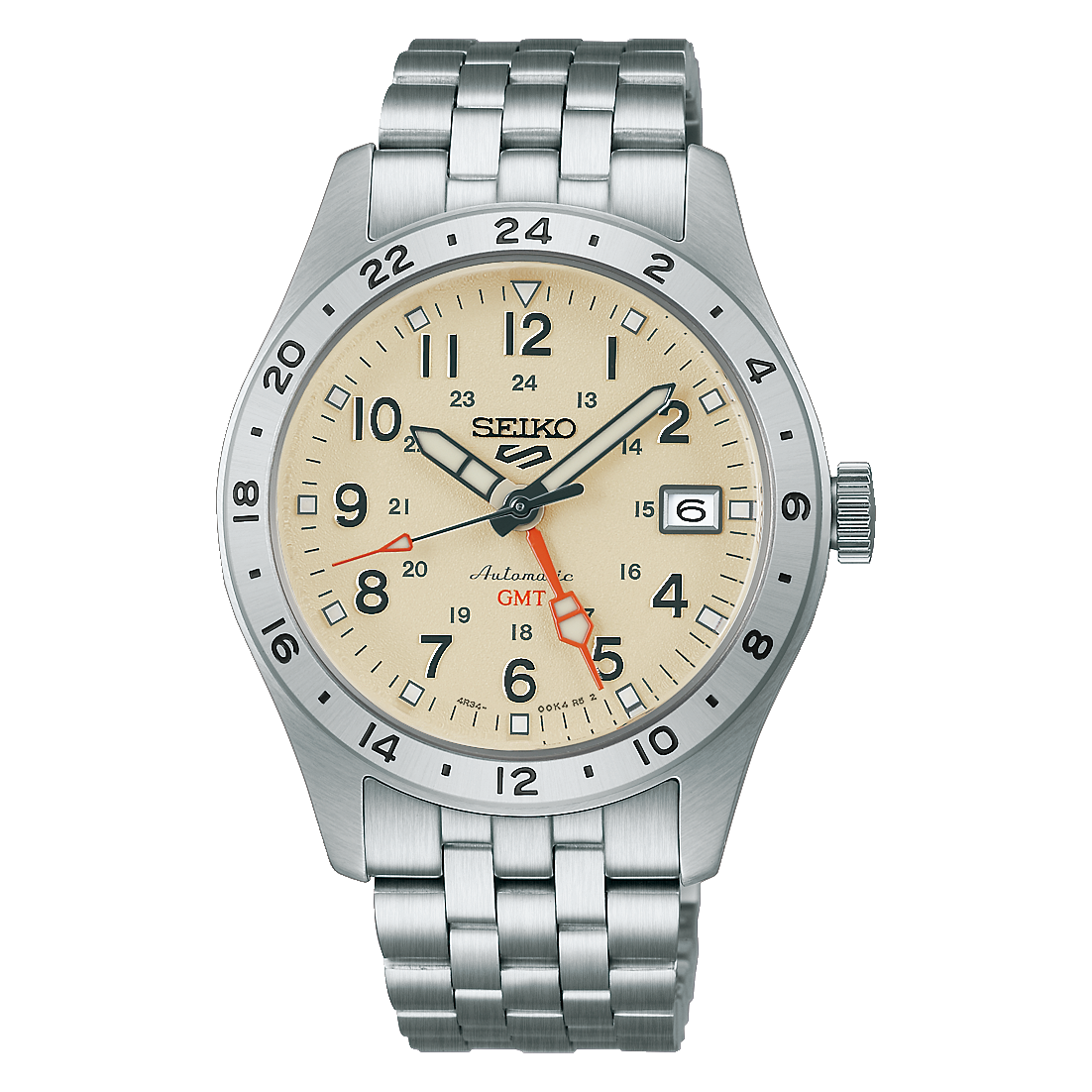 Herren-Armbanduhr mit silbernem Metallarmband, beigem Zifferblatt und GMT-Zeiger