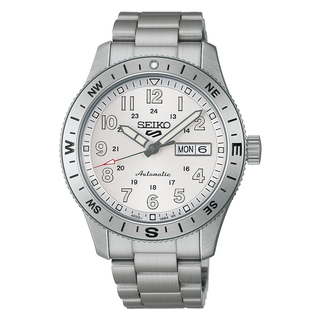 Seiko Armbanduhr mit weißem Zifferblatt und silbernem Metallband, Datumsfenster