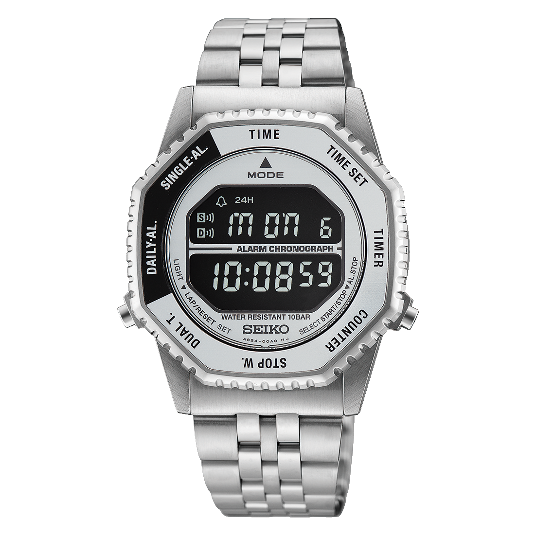 Herrenarmbanduhr Silber mit Edelstahlband, digitaler Chronographenanzeige und Stoppfunktion
