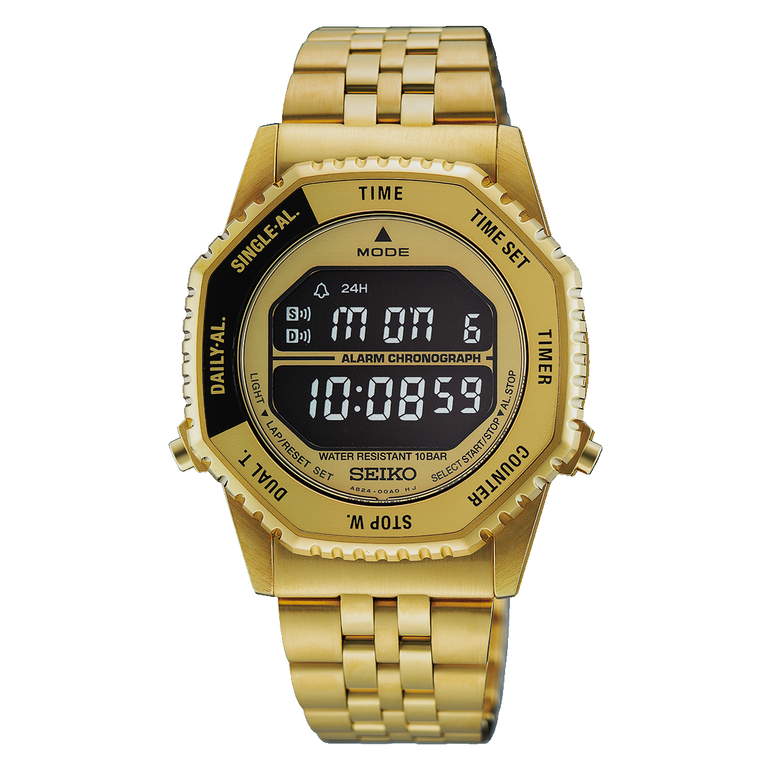 Herren-Digitaluhr mit Metallarmband, rundes Gehäuse und Display mit 10:00:59