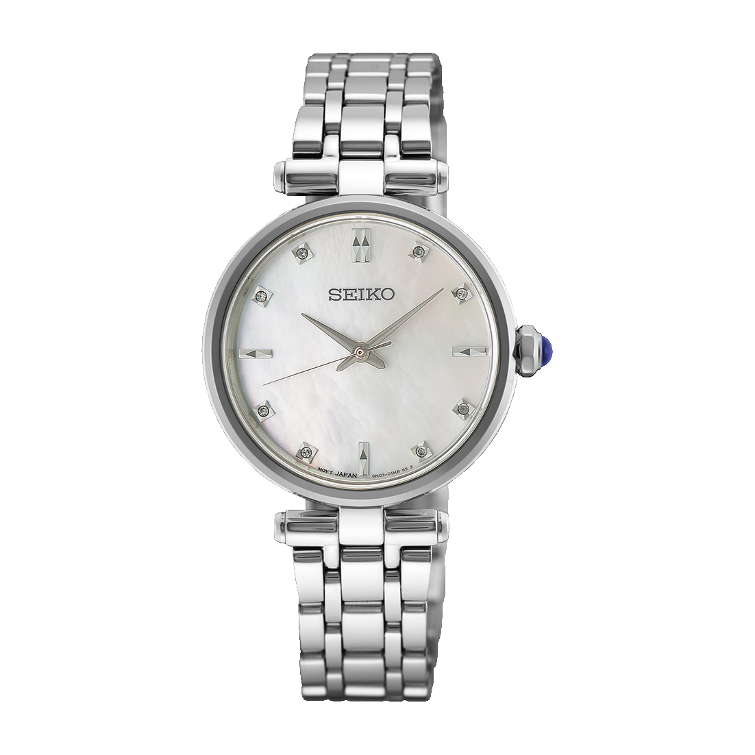 Damenarmbanduhr mit silbernem Metallarmband, rundem weißem Zifferblatt mit Diamantindizes