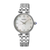 Damenarmbanduhr mit silbernem Metallarmband, rundem weißem Zifferblatt mit Diamantindizes