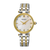 Zweifarbige Damenarmbanduhr mit goldfarbener Lünette, Perlmuttzifferblatt und Diamantindizes