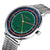 Bracelet de montre pour homme avec cadran vert, lunette orange et bleue et bracelet en métal argenté