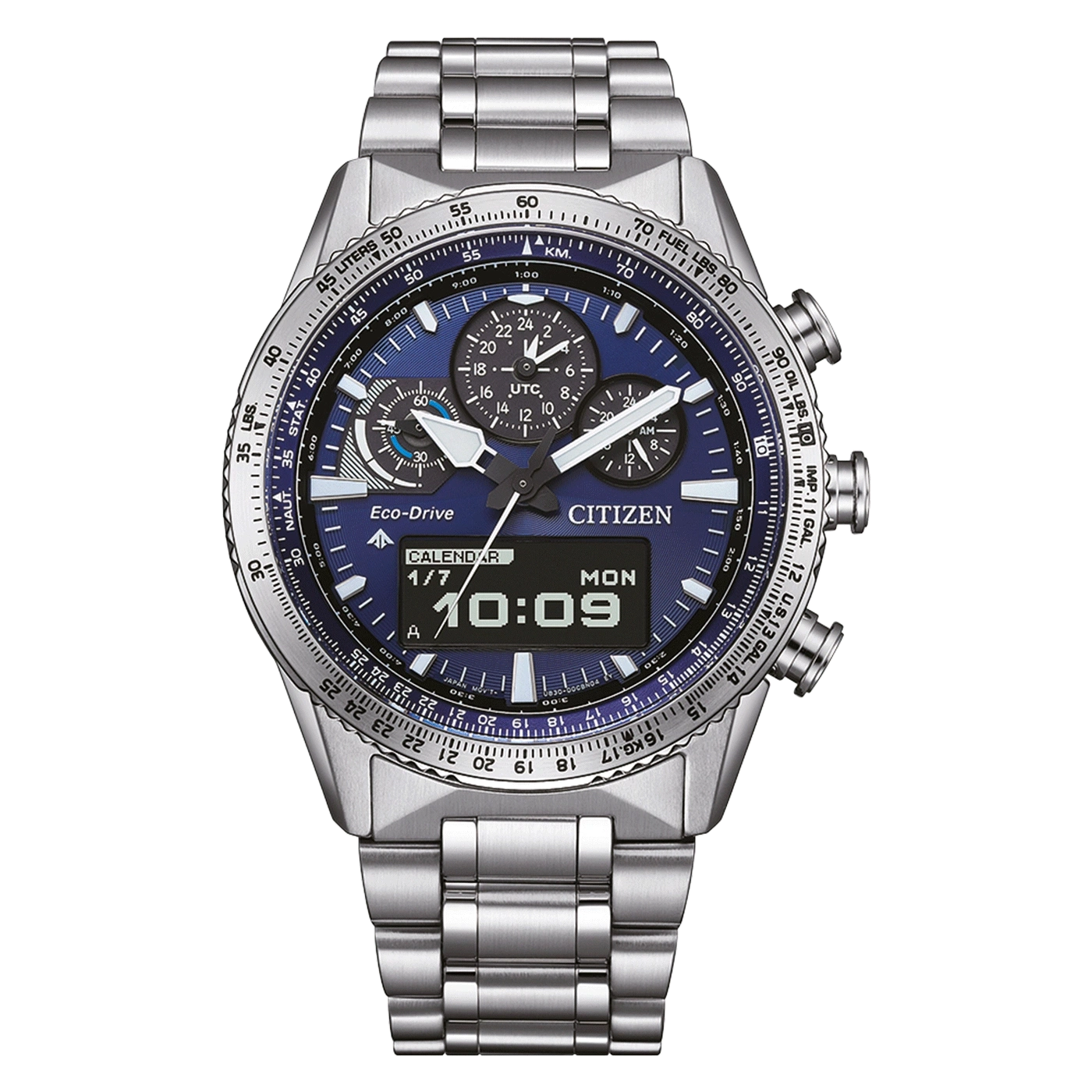 Herren-Chronographuhr mit blauem Zifferblatt, Edelstahlband und mehreren Drückern