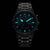 Montre homme avec cadran noir et accents lumineux, bracelet en acier inoxydable