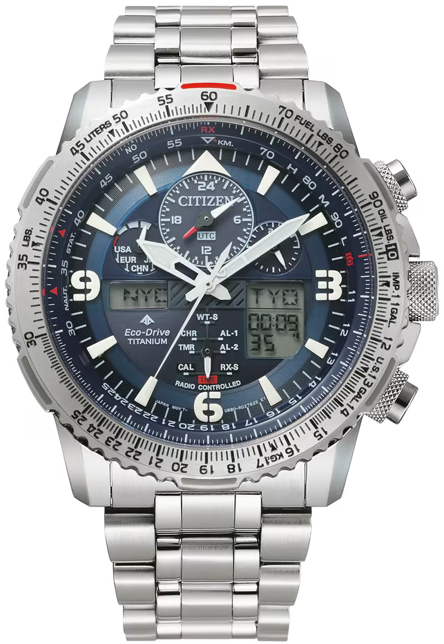 Citizen Promaster Sky Herrenuhr mit silbernem Metallband und blauem Zifferblatt