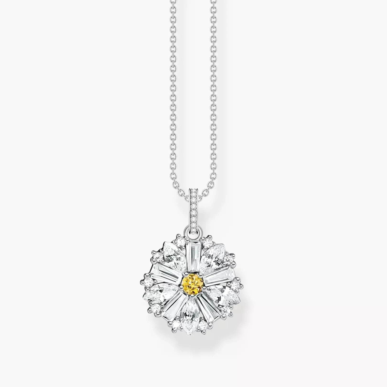 Collier argenté avec pendentif en forme de fleur et strass jaune au centre