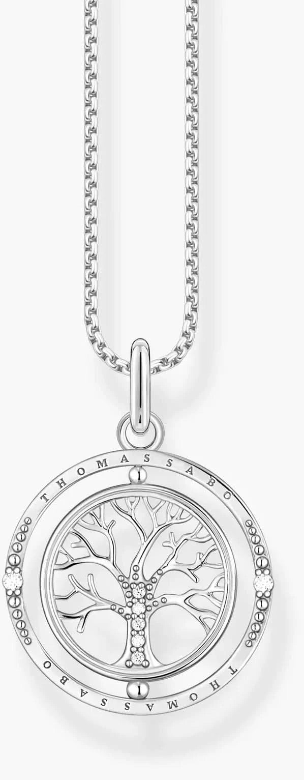 Collier en argent avec médaillon rond motif arbre, bordure de pierres