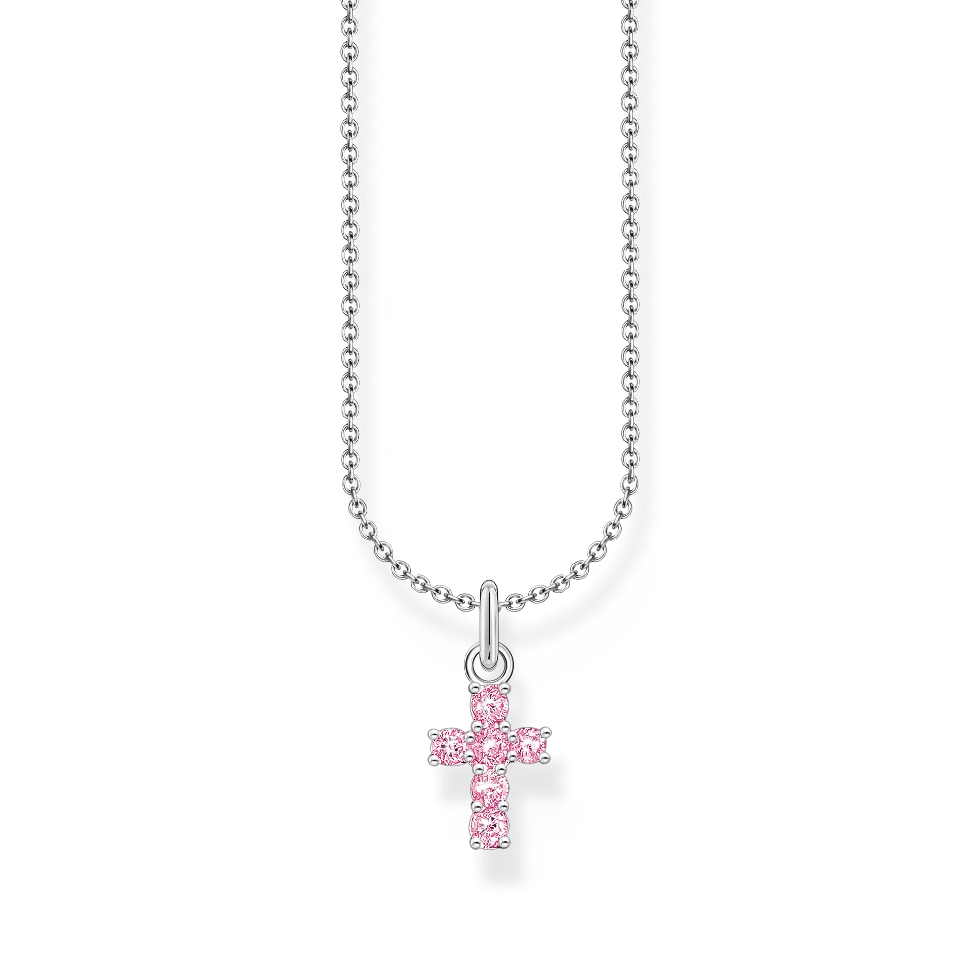 Collier argenté avec pendentif croix rose, chaîne à maillons.