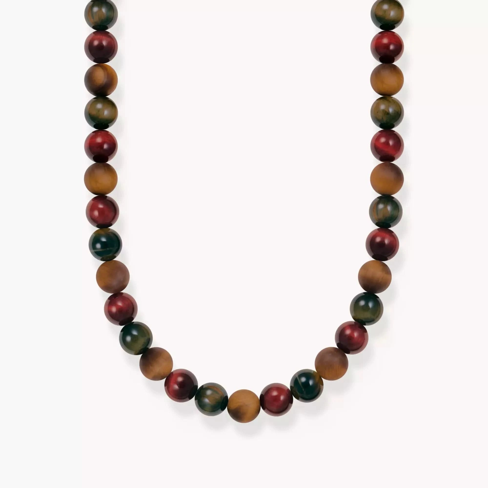 Collier pour homme avec perles d'œil de tigre aux tons verts, rouges et bruns