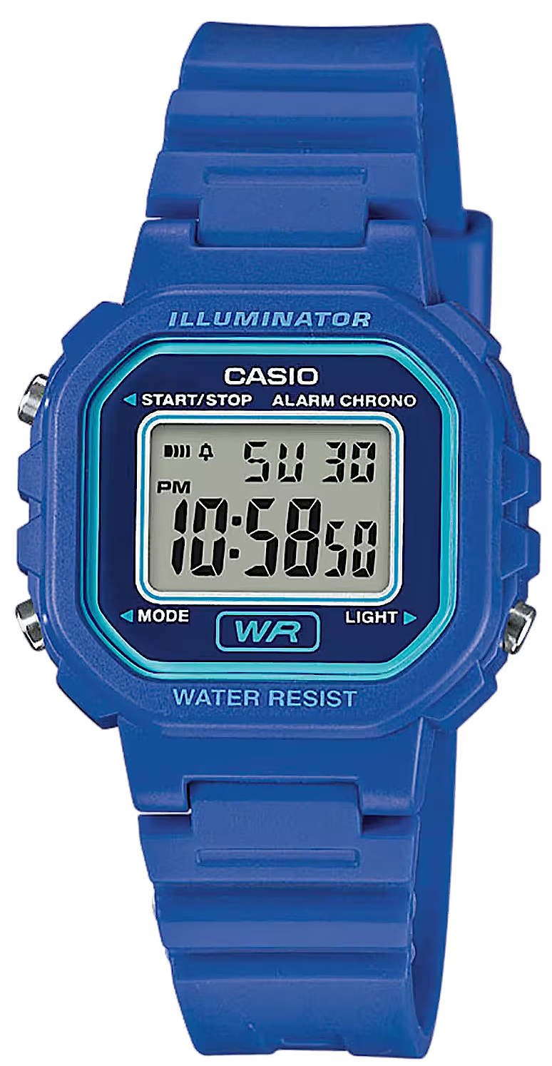 Casio Vintage Montre Femme avec bracelet en plastique bleu et écran LCD numérique