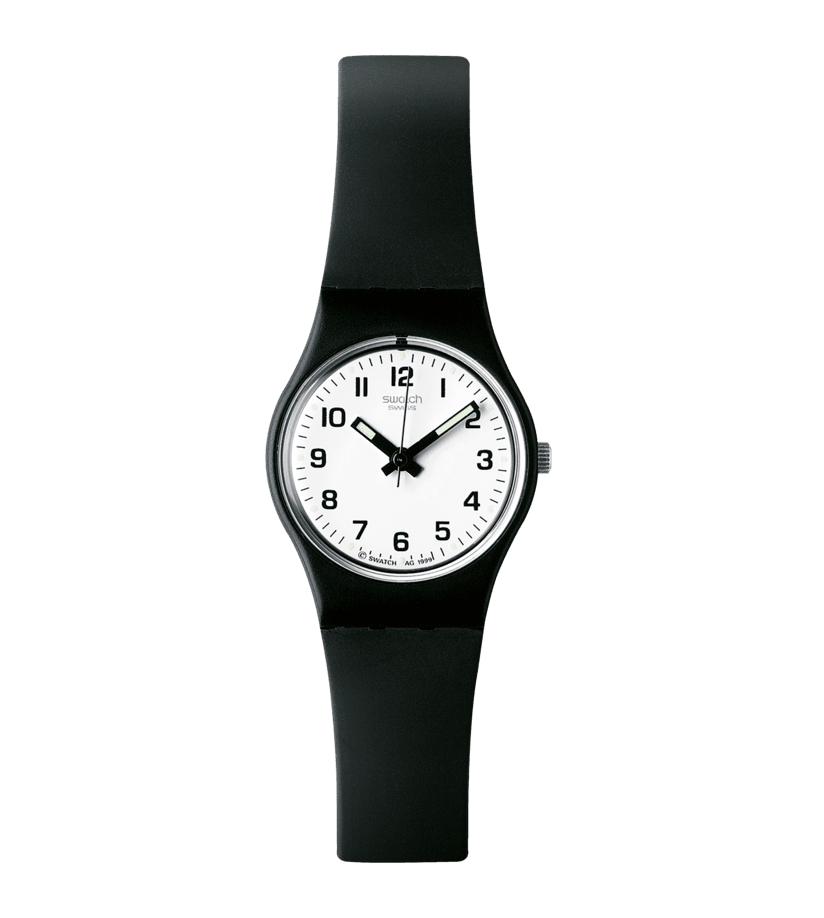 Damenuhr mit schwarzem Polymerarmband und weißem Zifferblatt, schwarzer Zeiger