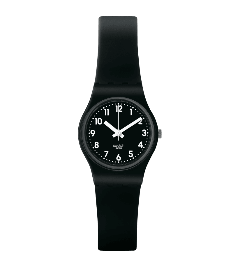 Swatch Damenarmbanduhr mit schwarzem Zifferblatt und Silikonarmband, rundes Gehäuse aus Kunststoff