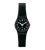 Swatch Damenarmbanduhr mit schwarzem Zifferblatt und Silikonarmband, rundes Gehäuse aus Kunststoff