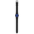Damenuhr in Seitenansicht mit blauem Zifferblatt und langem schwarzem Armband