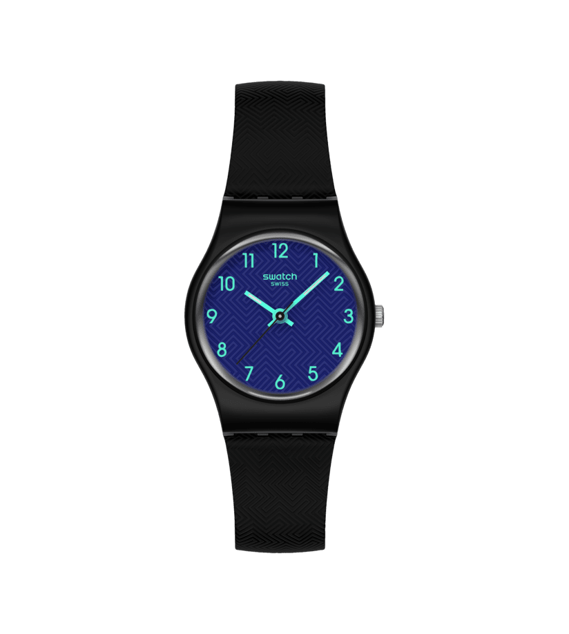 Damenuhr mit blauem Zifferblatt und schwarzem Kunststoffarmband, rundes Gehäuse