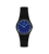 Damenuhr mit blauem Zifferblatt und schwarzem Kunststoffarmband, rundes Gehäuse