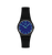 Damenuhr frontal: blaues Zifferblatt, schwarze Einfassung und schwarzes Armband