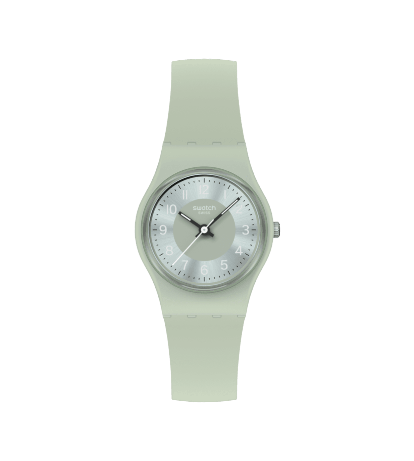 Swatch Damenuhr mit hellem Zifferblatt und grünem Armband, runde Edelstahl-Lünette