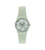 Swatch Damenuhr mit hellem Zifferblatt und grünem Armband, runde Edelstahl-Lünette