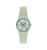 Swatch Damenuhr mit hellem Zifferblatt und hellgrünem Armband, runde Gehäuseform