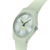 Swatch Damenuhr seitlich: rundes Zifferblatt mit Indexen und hellgrünem Silikonarmband