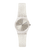Damenarmbanduhr: transparentes Gehäuse, rundes Zifferblatt, silbernes Silikonarmband