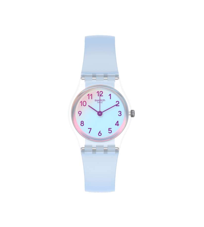 Swatch Originals Damenarmbanduhr mit blauem Silikonband, rundem Zifferblatt