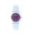 Swatch-Damenuhr mit lila Zifferblatt, transparentem Gehäuse und hellblauem Silikonarmband