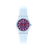 Damenuhr mit rundem lila Zifferblatt, transparentem Gehäuse und hellen Silikonarmband