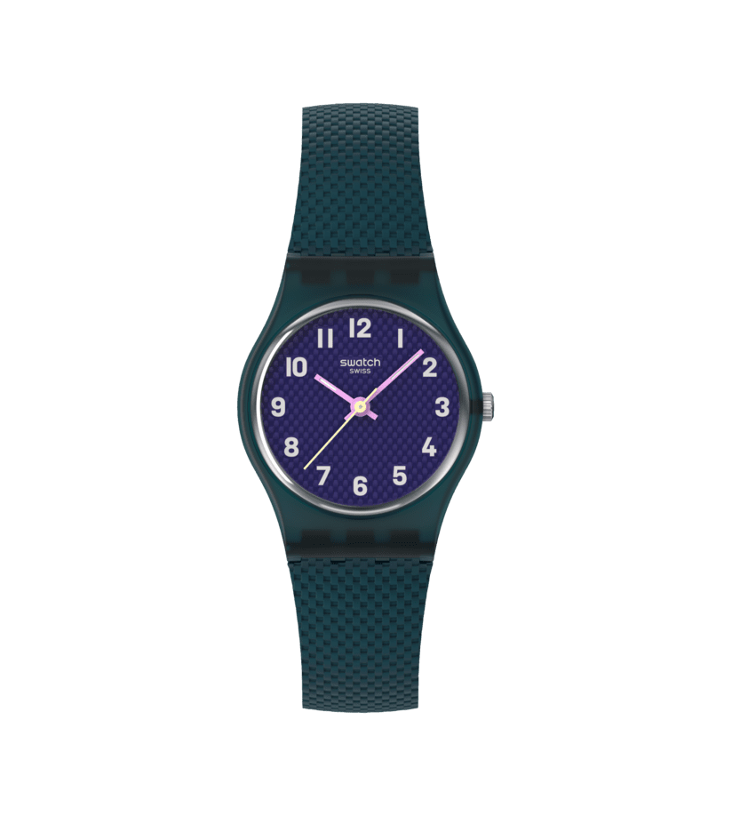 Petrolfarbene Armbanduhr mit dunkelblauem Zifferblatt und violetten Zeigern
