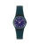Petrolfarbene Armbanduhr mit dunkelblauem Zifferblatt und violetten Zeigern