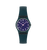 Petrolfarbene Armbanduhr mit rundem dunkelblauem Zifferblatt und violetten Zeigern