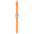 Damenuhr mit orangefarbenem transparentem Gehäuse und hellblauem Zifferblatt, orangefarbenes Band