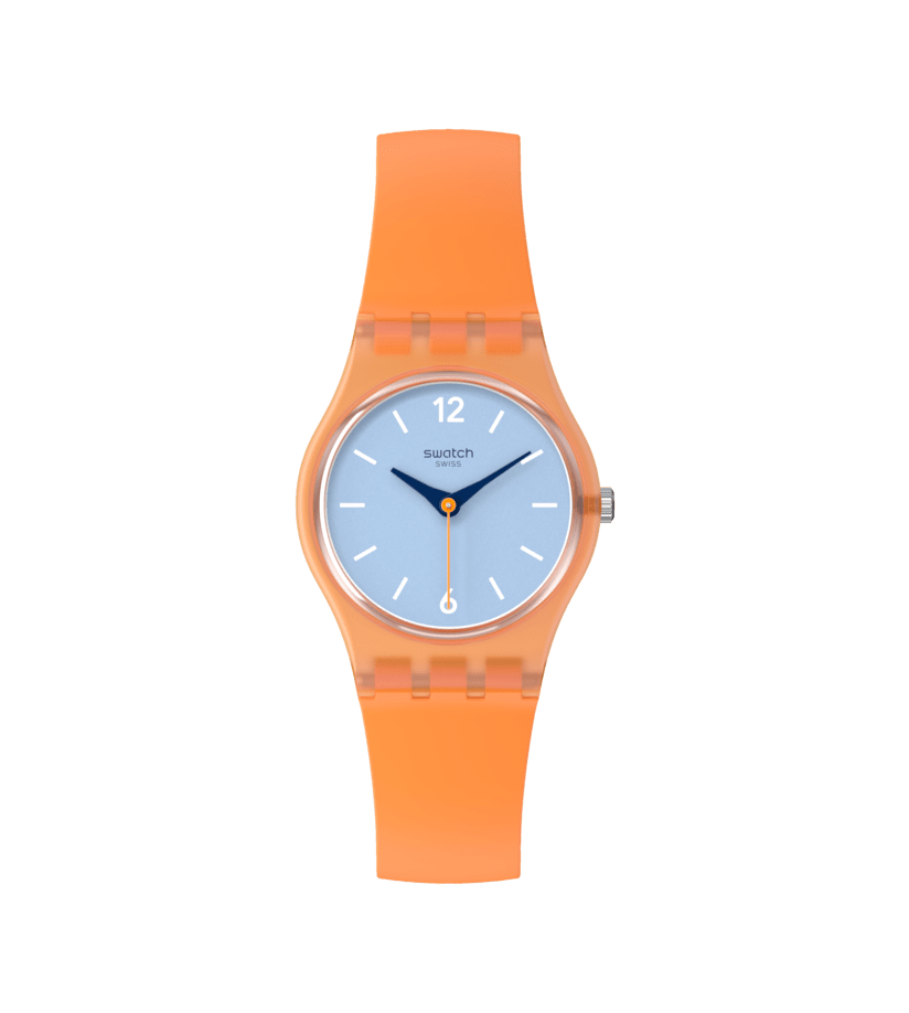 Damenuhr mit transparentem orangefarbenem Gehäuse, hellblauem Zifferblatt und orangefarbenem Armband