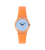Damenuhr mit transparentem orangefarbenem Gehäuse, hellblauem Zifferblatt und orangefarbenem Armband