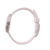 Damenuhr seitlich: Gehäuserand und Schließe, rosafarbenes Silikonarmband.