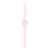 Damenuhr in Seitenansicht mit rosafarbenem Silikonarmband und rundem Zifferblatt.