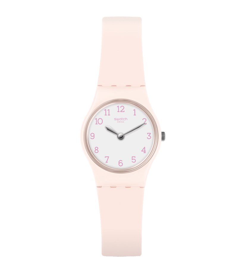 Damenuhr mit rosafarbenem Kunststoffgehäuse und Silikonarmband, weißem Zifferblatt.