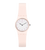 Damenuhr mit rosafarbenem Kunststoffgehäuse und Silikonarmband, weißem Zifferblatt.
