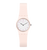 Damenuhr Komplettansicht: rundes weißes Zifferblatt und rosafarbenes Silikonarmband.